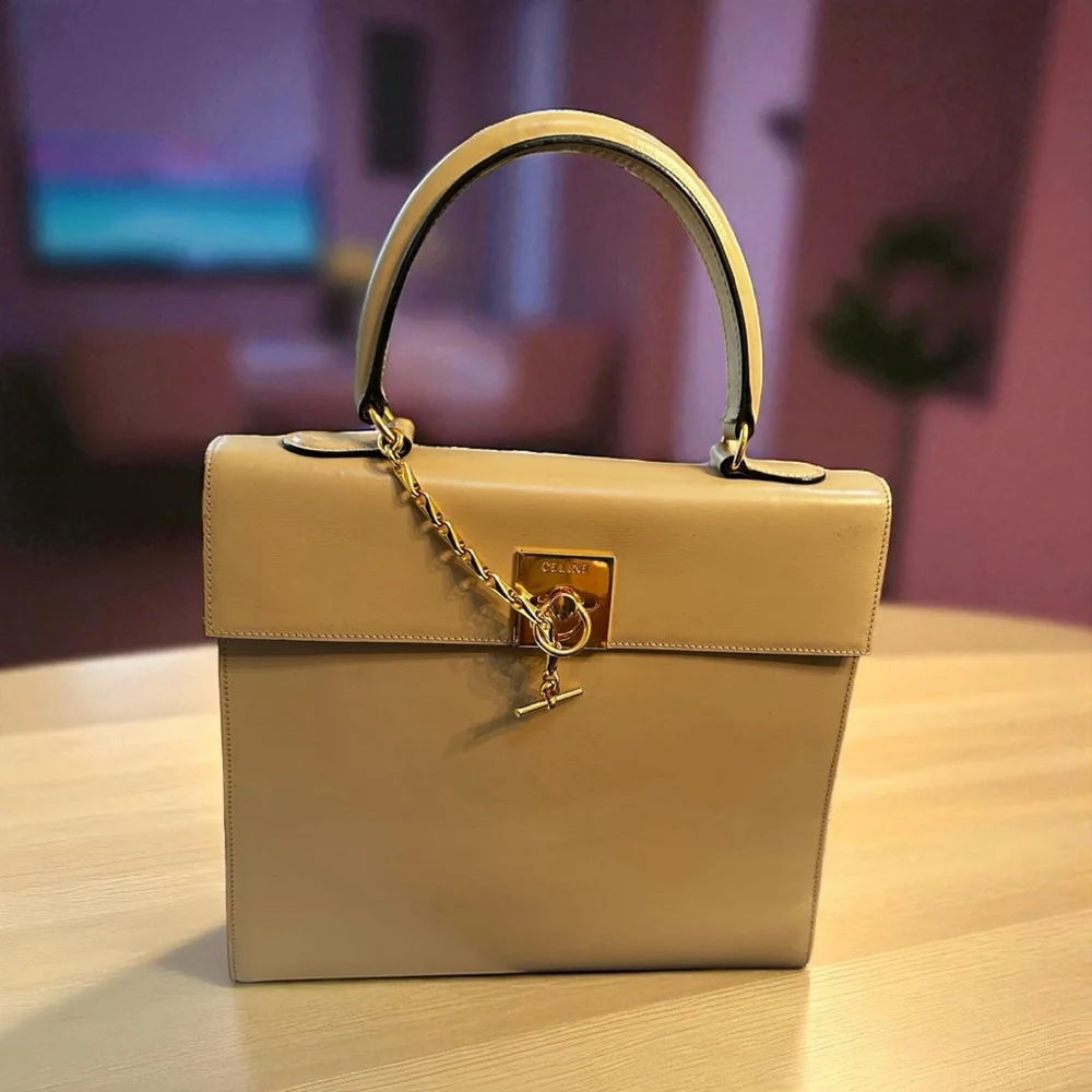 Celine Beige Leather Satchel Bag with Gold Hardware